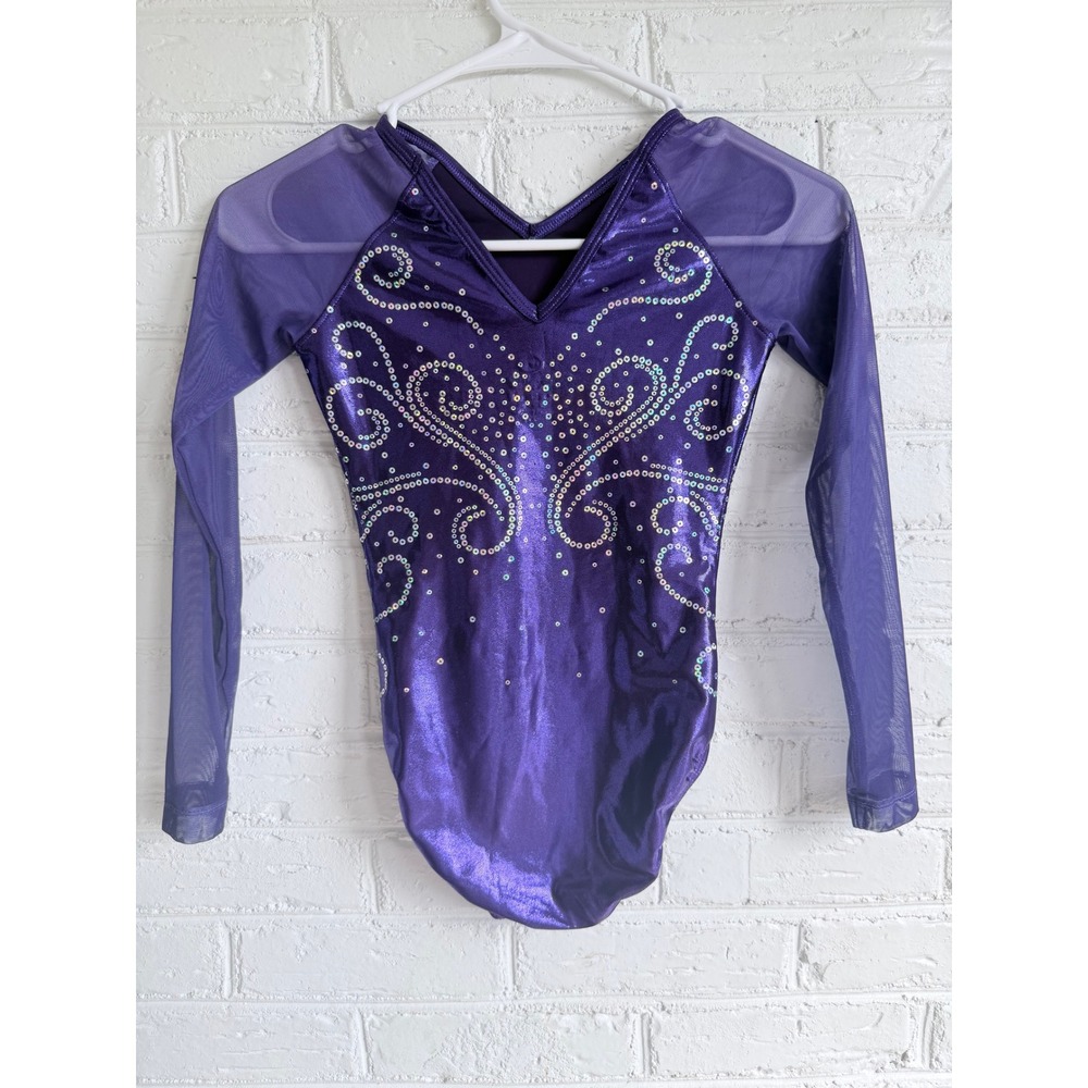 Zone Gymnastics Leotard Purple Metallic Mesh‎ Long Sleeve Kids AXS - Picture 2 of 4